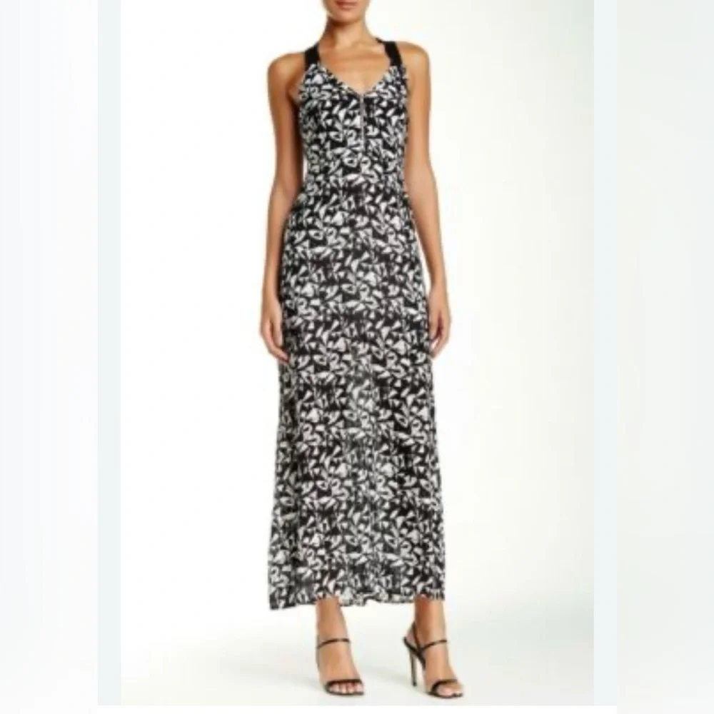 A.L.C. Patti Black and White Floral Silk V-Neck Sleeveless Maxi Dress